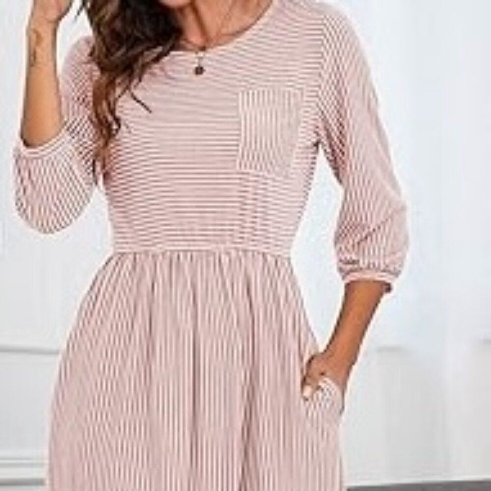 Merokeety Peach/White stripe 3/4 ballon sleeve high waist T shirt dress, size XL